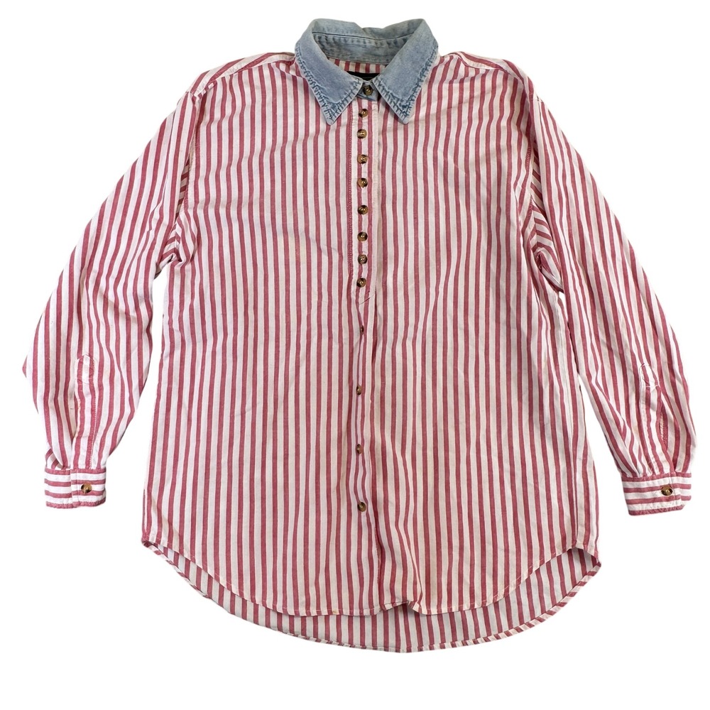 Vintage Solutions Original Red White Striped Cotton Denim Collar Button Down Med